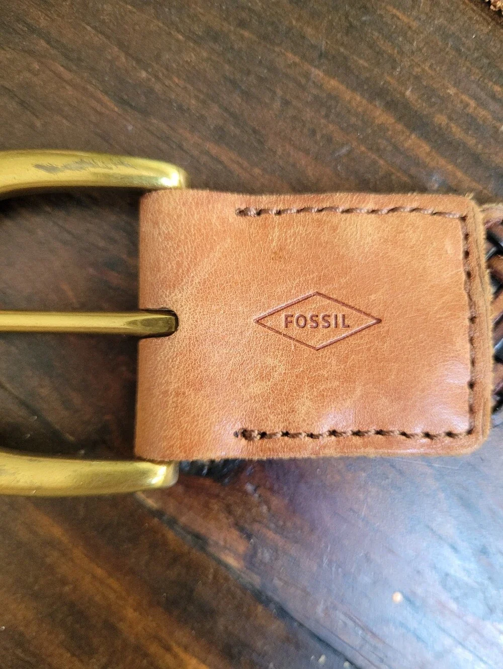 Fossil Belt Woven Black Brown Brass Buckle Medium